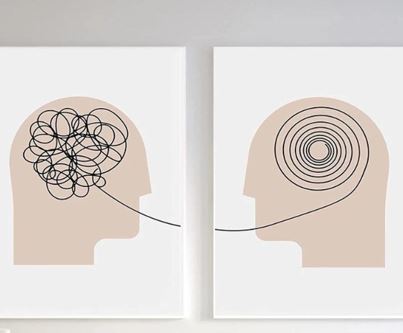 Dos ilustraciones de perfiles humanos: en una, una maraña de líneas enredadas; en la otra, la misma línea ordenada en espiral.
